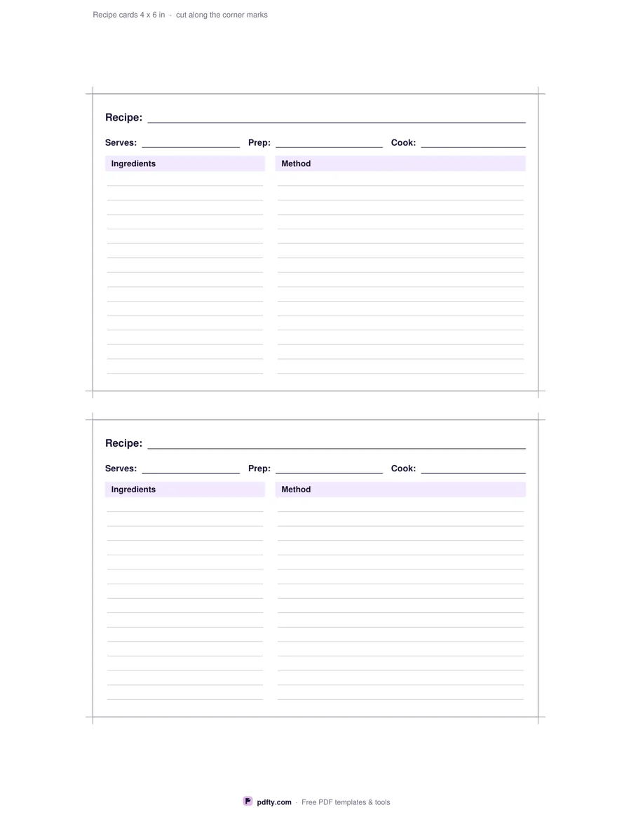 Printable recipe cards with servings, times, ingredients, method and cut marks
