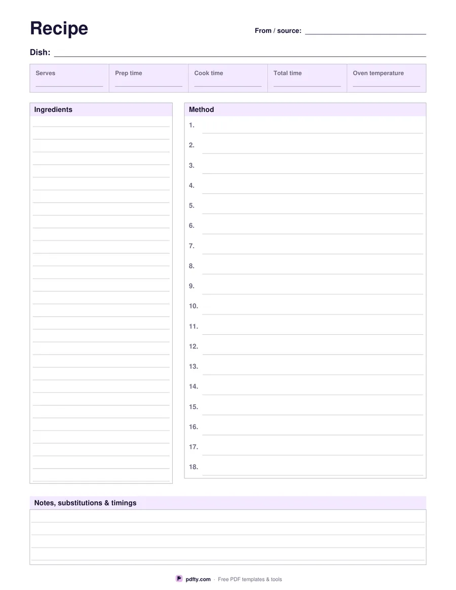 Printable full-page recipe sheet with ingredients column, numbered method steps and notes