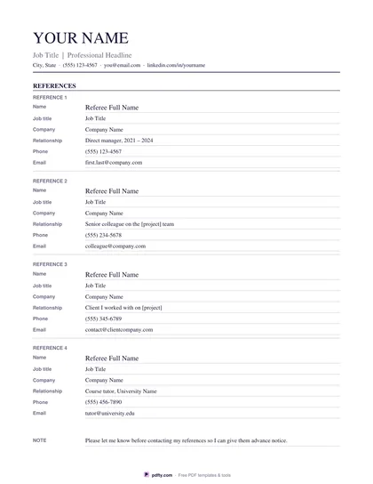 Printable job reference list with four referees and their contact details