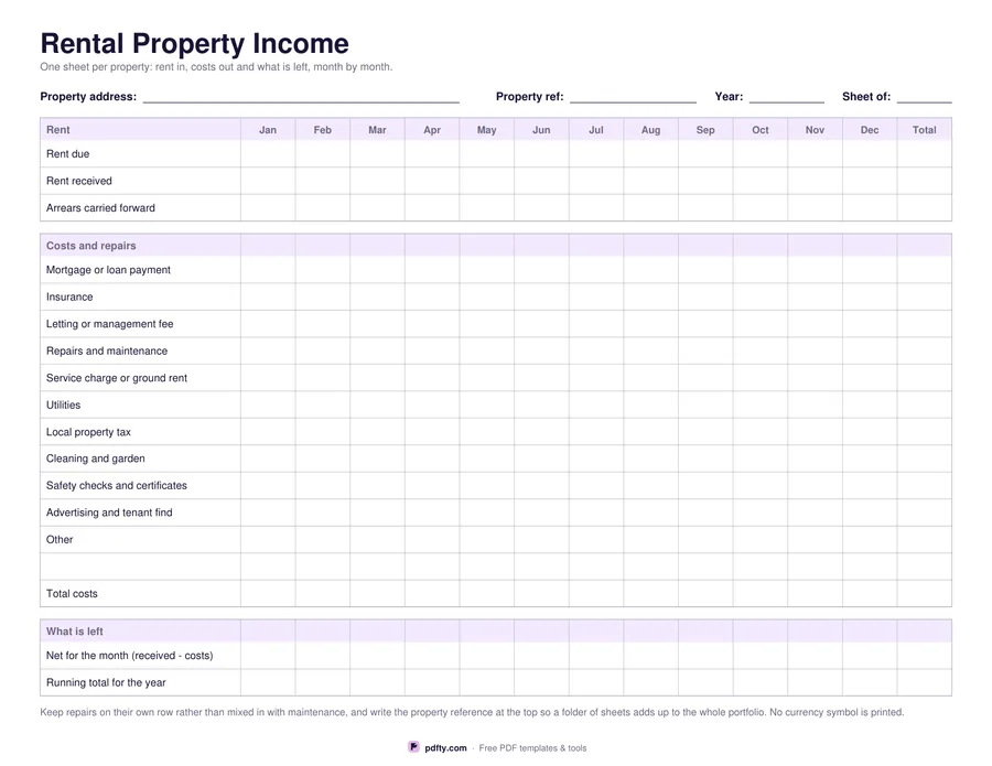 Printable rental property income and expenses sheet with monthly rent, costs and net rows