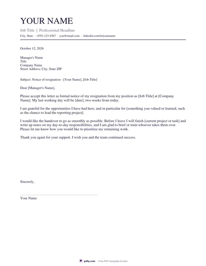 Printable resignation letter with a two week notice draft