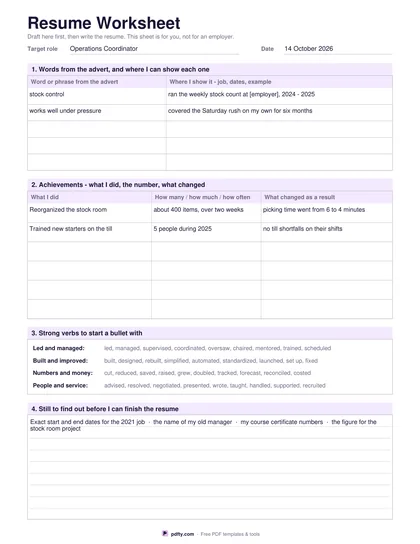 Printable resume worksheet with keyword and achievement tables and a verb bank