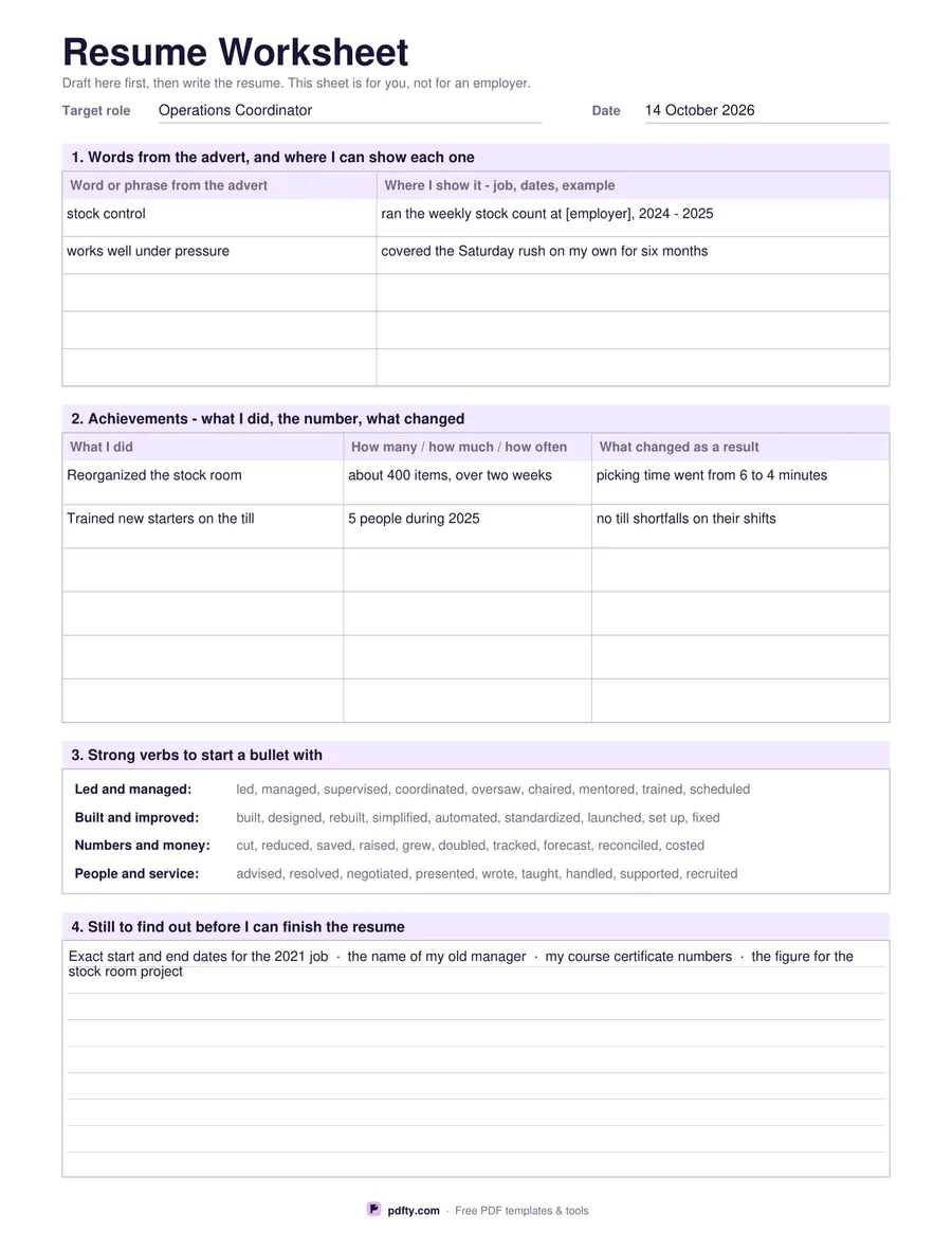 Printable resume worksheet with keyword and achievement tables and a verb bank