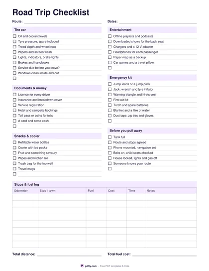 Printable road trip checklist with car checks, emergency kit and a stops and fuel log