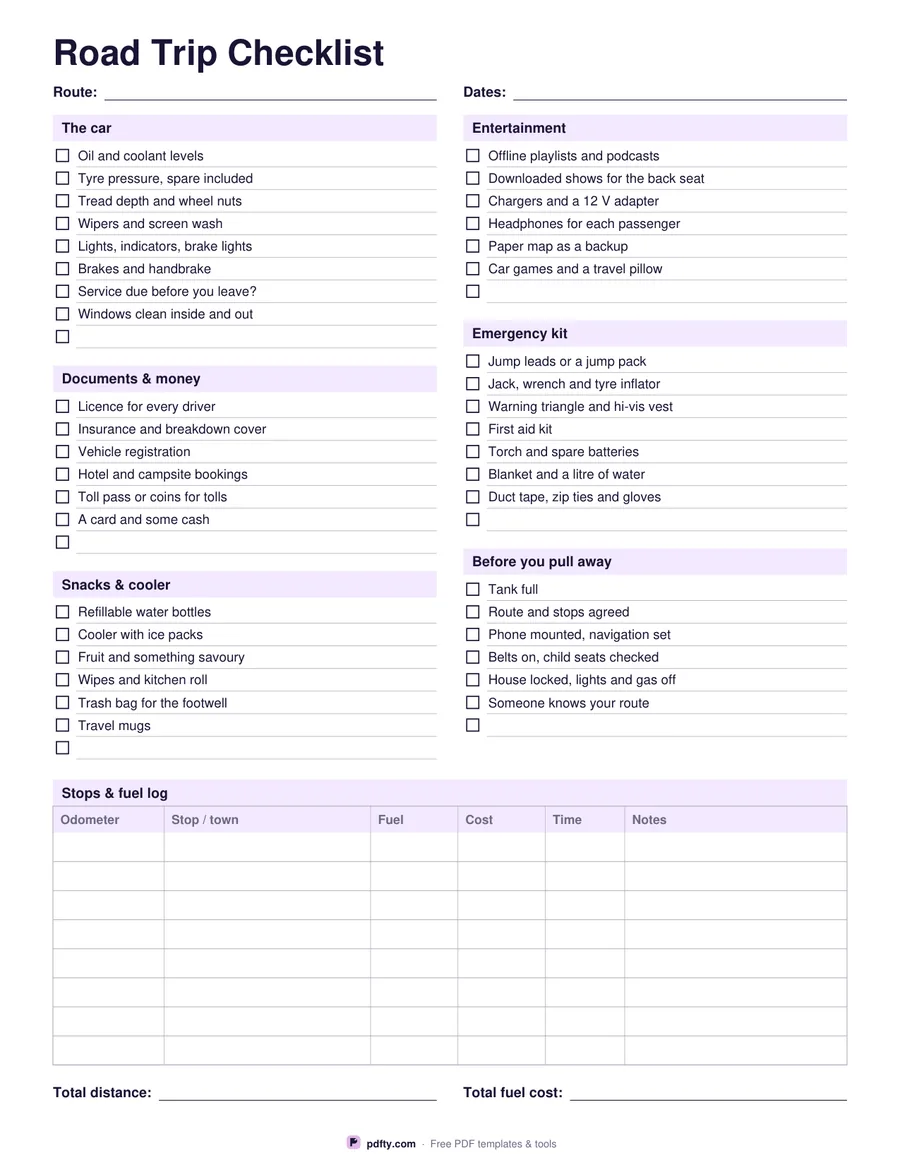 Printable road trip checklist with car checks, emergency kit and a stops and fuel log