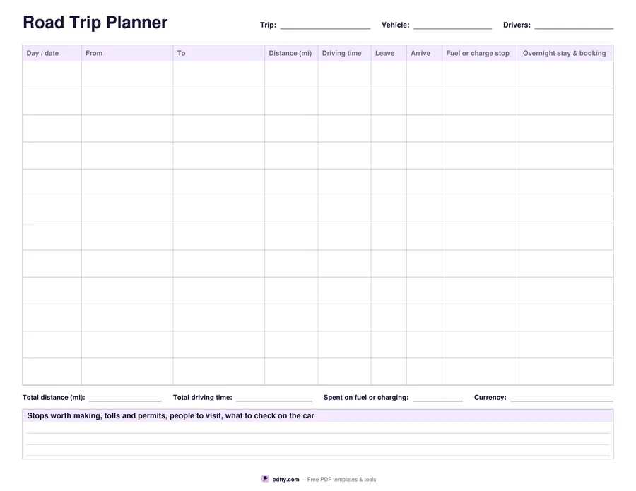 Printable road trip planner with route legs, distance, driving time, fuel stops and overnight stays