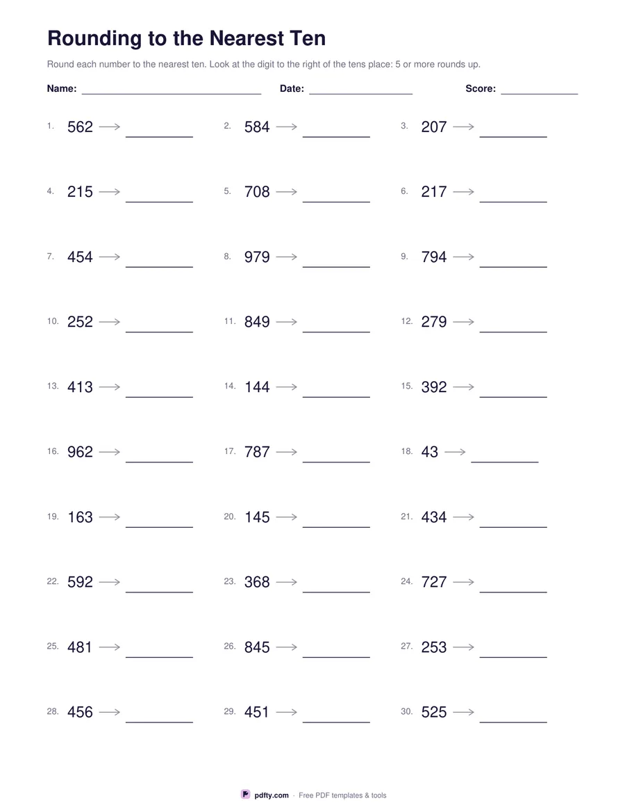 Printable rounding worksheet with thirty numbers to round