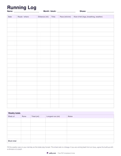 Printable running log with 20 rows and a weekly totals table