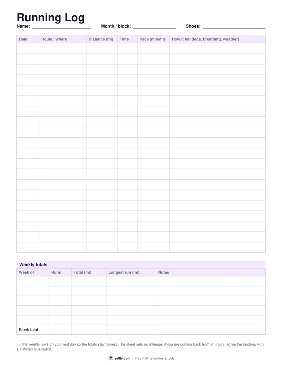 Printable running log with 20 rows and a weekly totals table