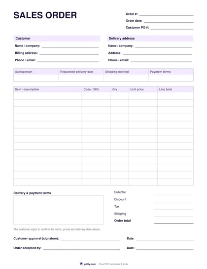 Free fillable sales order form with line items, totals and approval signatures