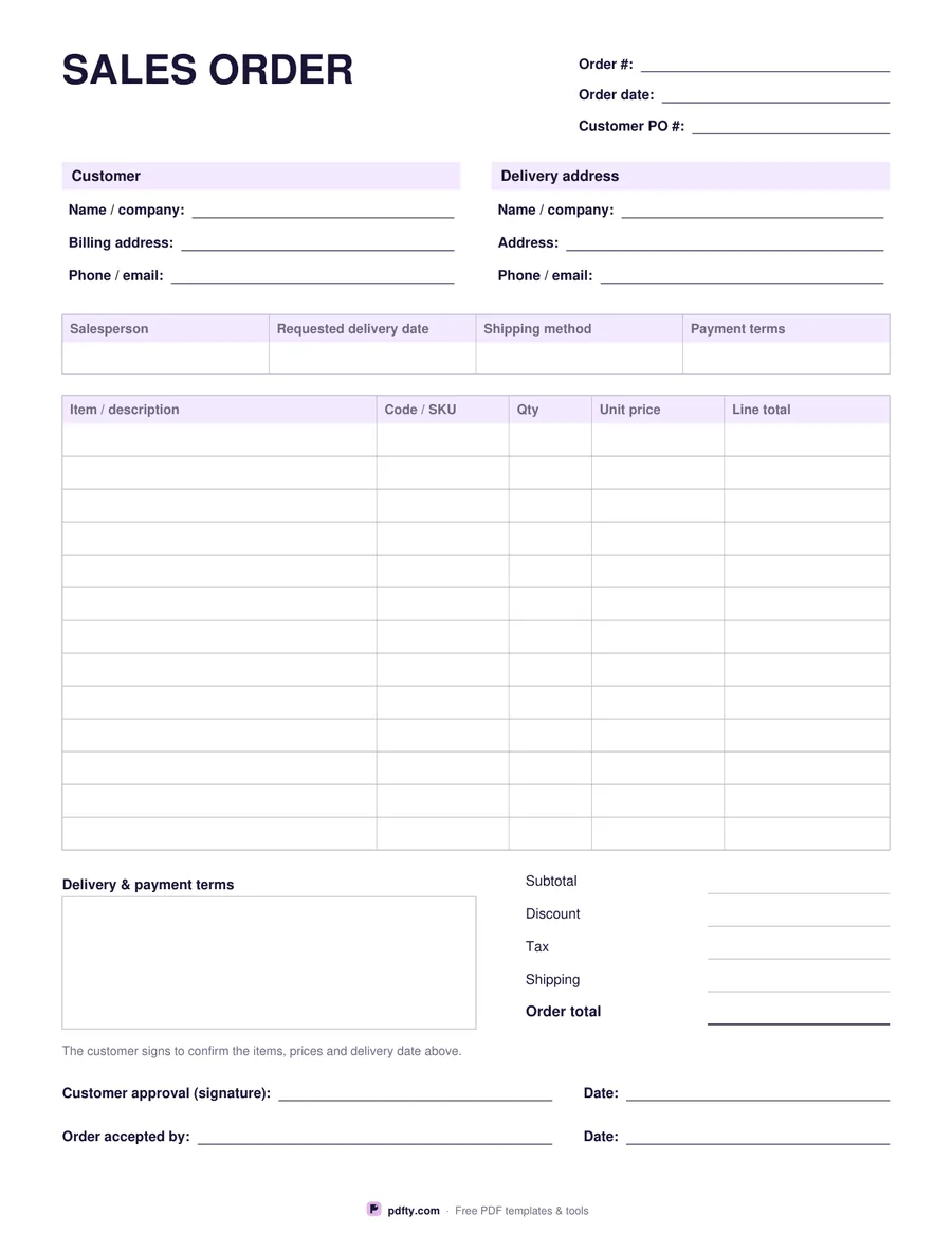 Free fillable sales order form with line items, totals and approval signatures