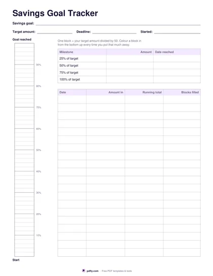 Printable savings goal tracker with a column of blocks to colour in and a deposit log