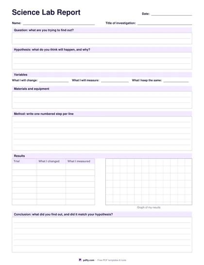 Printable science lab report template with results table and graph grid