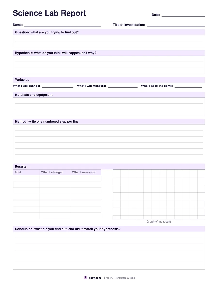 Printable science lab report template with results table and graph grid