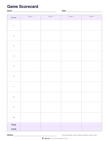 Printable game scorecard with player columns, numbered rounds and total rows