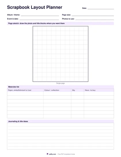 Printable scrapbook layout planner with a page sketch box and materials list