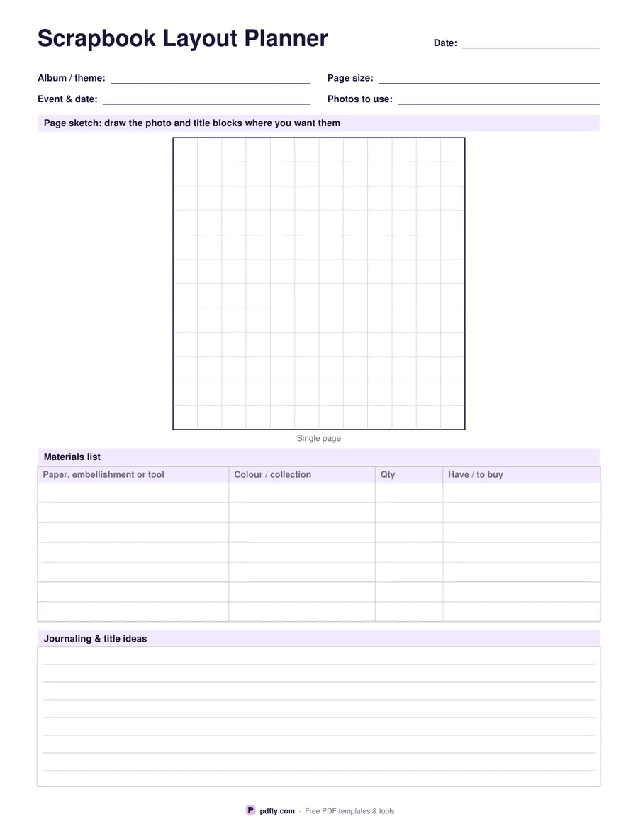 Printable scrapbook layout planner with a page sketch box and materials list