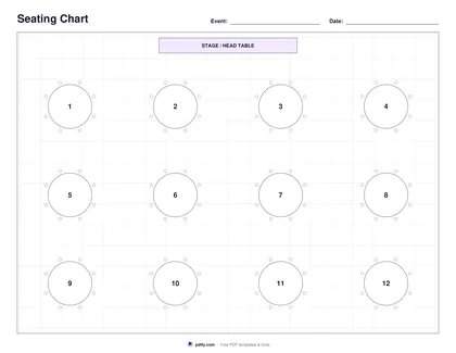 Printable seating chart grid with a head table and twelve numbered round tables
