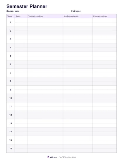 Printable semester planner with sixteen week rows and assignment and exam columns