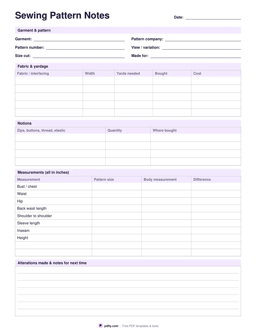 Printable sewing pattern notes sheet with fabric, notions and measurement tables