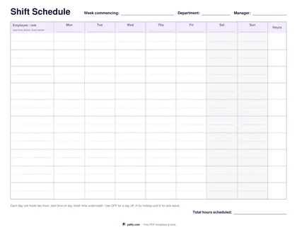 Printable staff shift schedule with ten employee rows, seven day columns and a weekly hours column