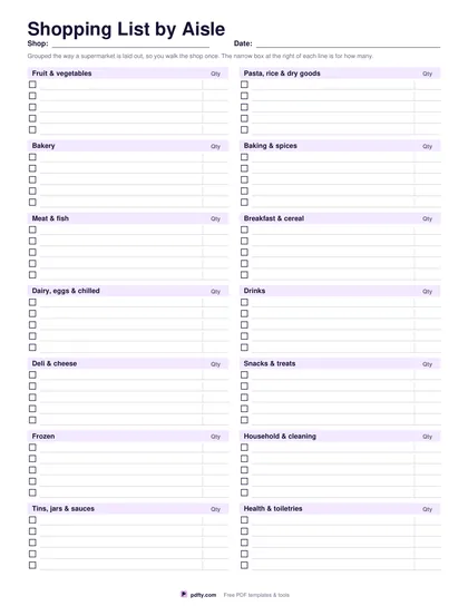 Printable shopping list grouped by supermarket aisle with quantity boxes
