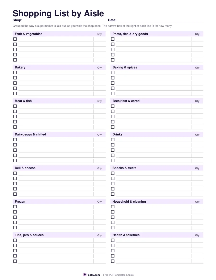 Printable shopping list grouped by supermarket aisle with quantity boxes