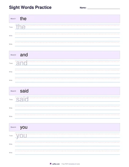 Printable sight words practice sheet with a word bar, a tracing line and two writing lines per word