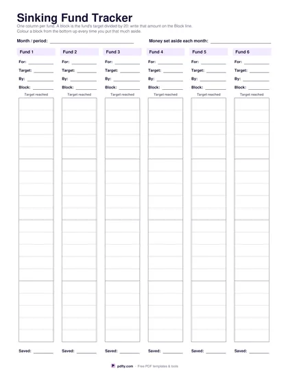 Printable sinking fund tracker with six fund columns, each with a target, deadline and blocks to colour in