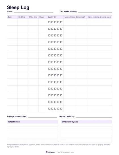 Printable sleep log with fourteen nights of bedtime, wake time, hours and quality