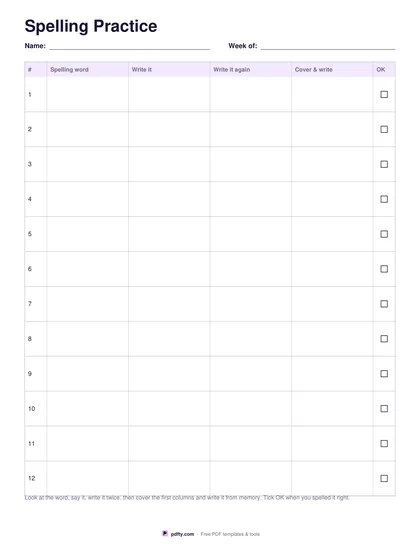 Spelling practice worksheet look say cover write check