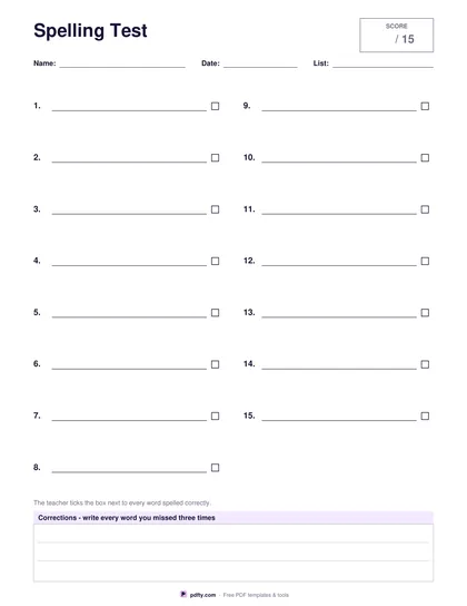 Printable spelling test paper with numbered lines and a score box