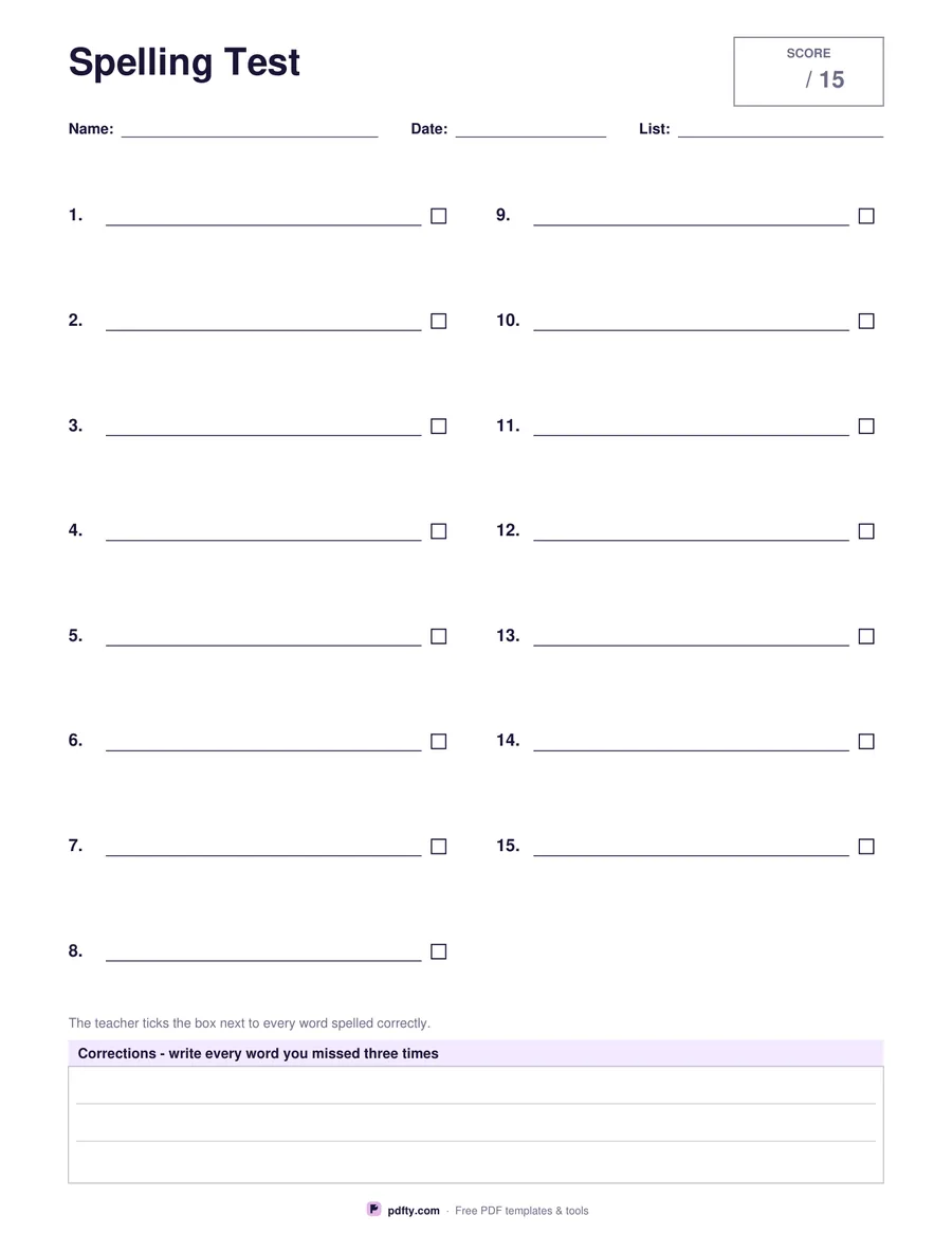 Printable spelling test paper with numbered lines and a score box