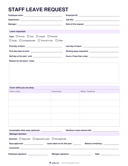 Free printable staff leave request form with dates, cover table and manager approval