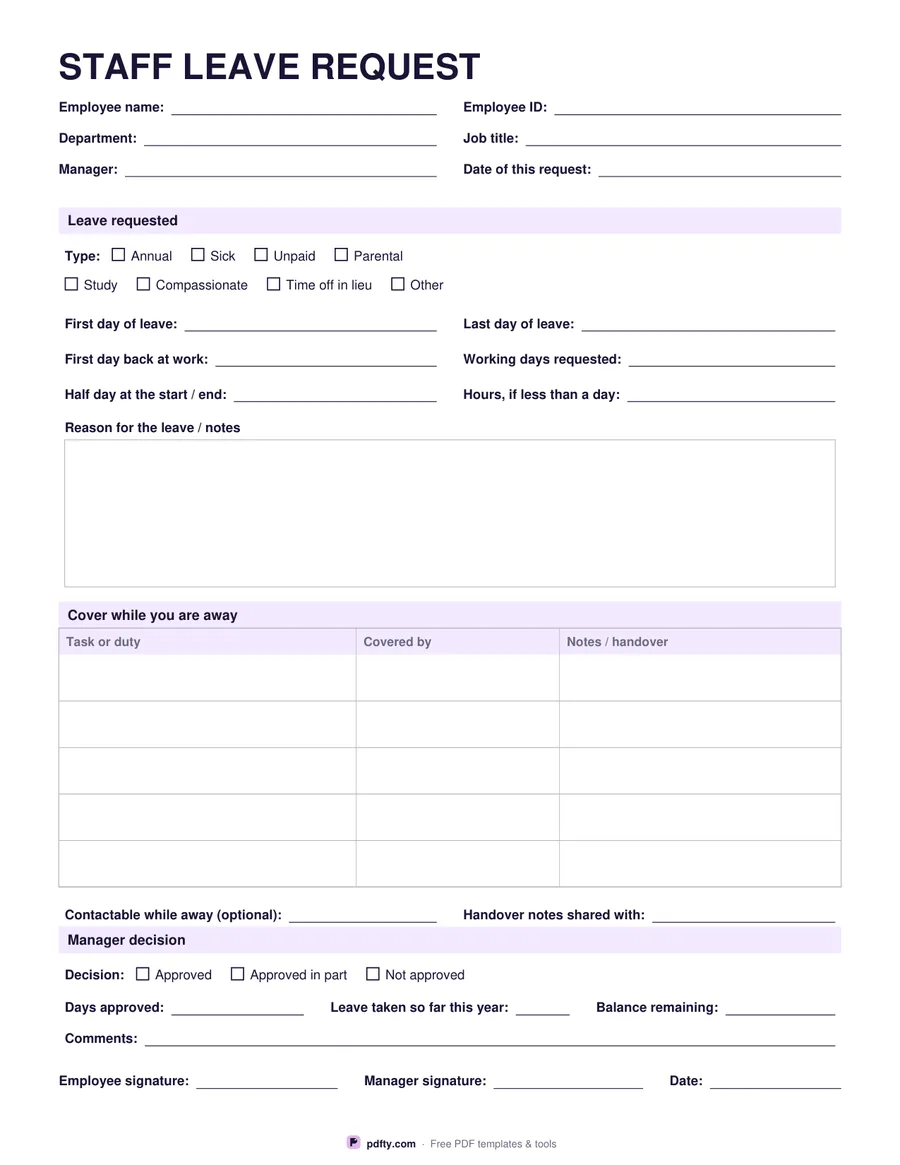 Free printable staff leave request form with dates, cover table and manager approval