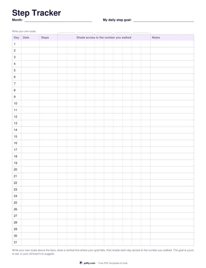 Printable monthly step tracker with a steps column and a bar to shade in for each day
