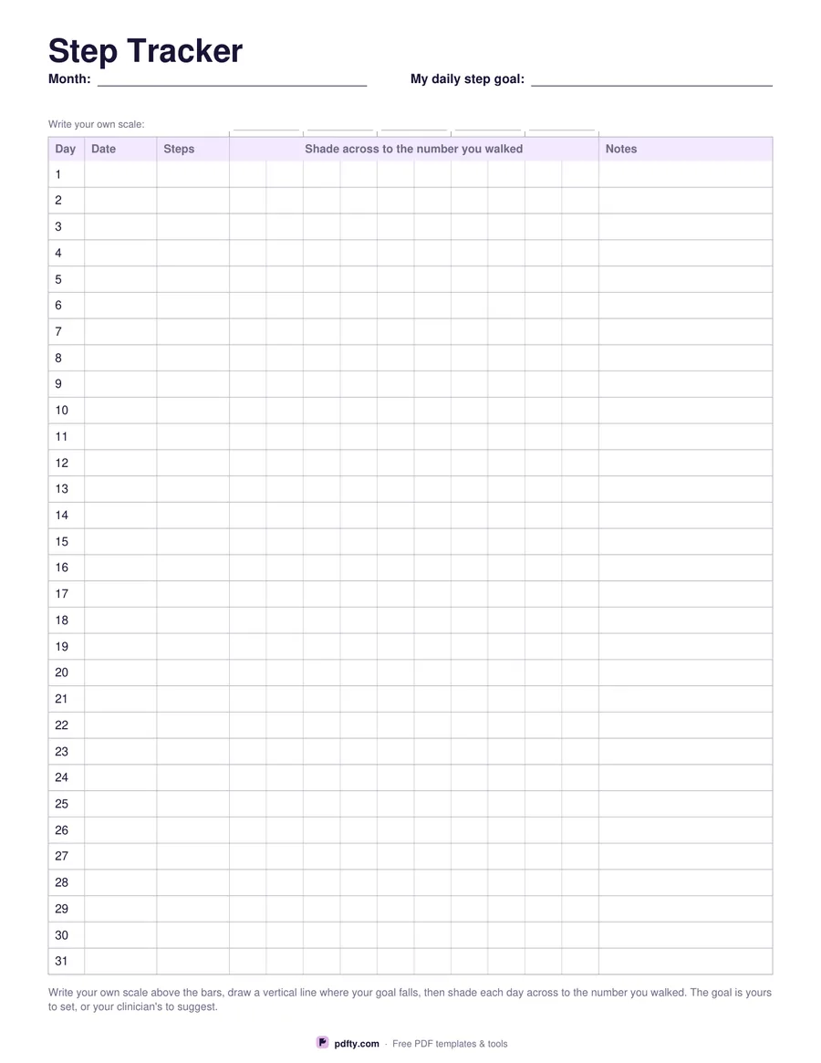 Printable monthly step tracker with a steps column and a bar to shade in for each day
