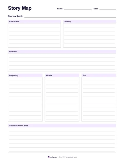 Printable story map with characters, setting, problem, events and solution