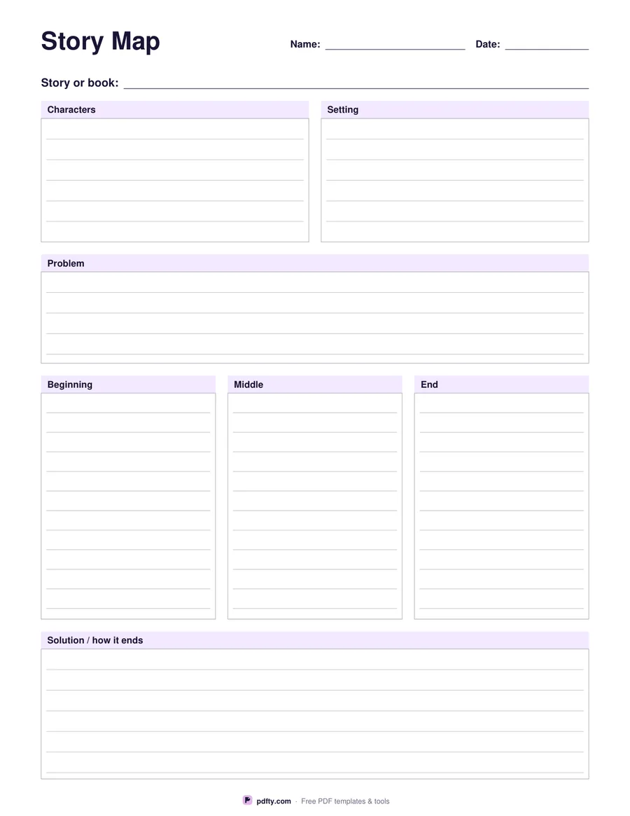 Printable story map with characters, setting, problem, events and solution