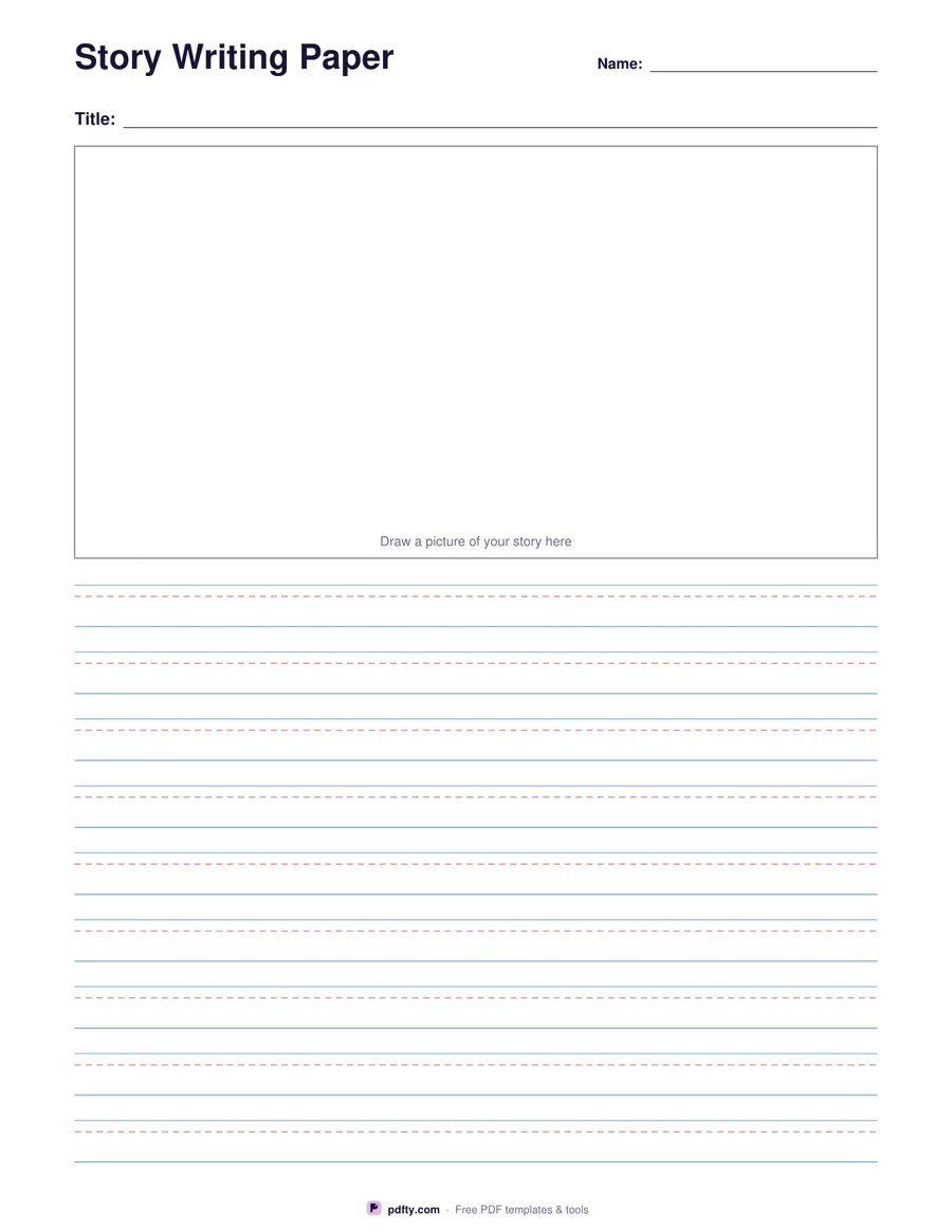 Printable story writing paper with a picture box and primary lines