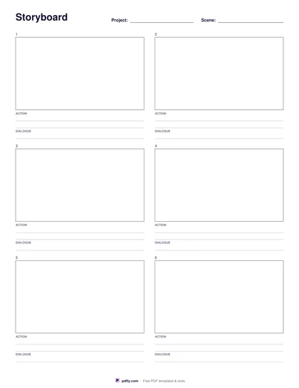 Printable storyboard template with six 16:9 panels and action lines