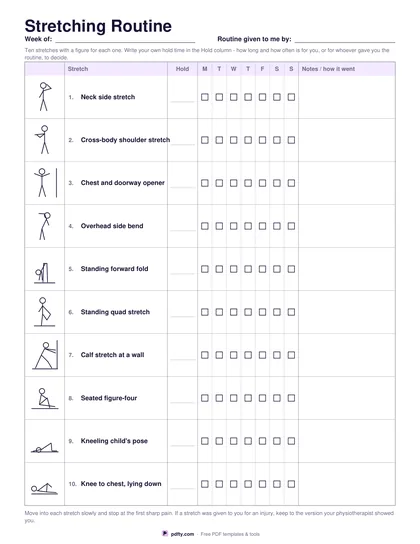 Printable stretching routine with ten drawn stretches and daily tick boxes