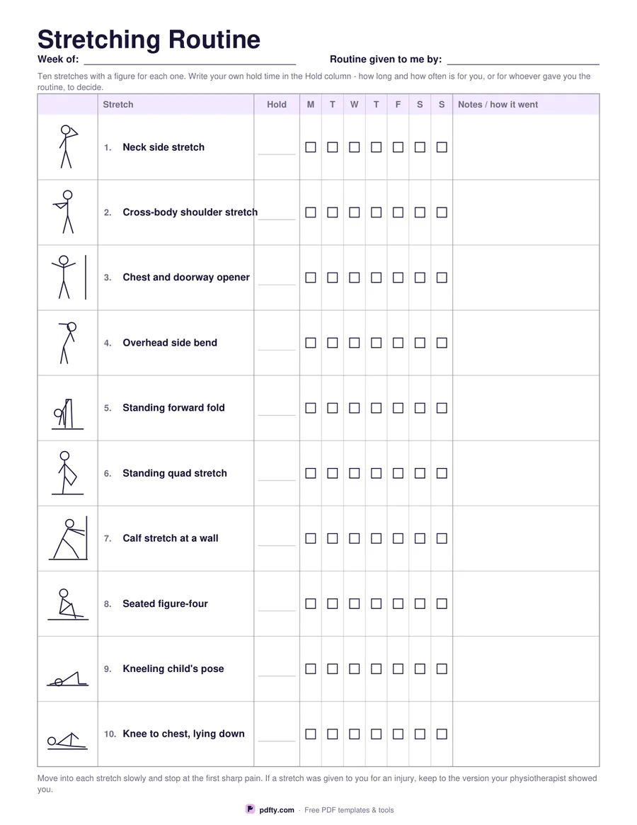Printable stretching routine with ten drawn stretches and daily tick boxes