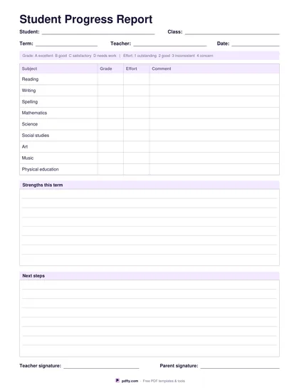 Printable student progress report with subjects, grades and comments
