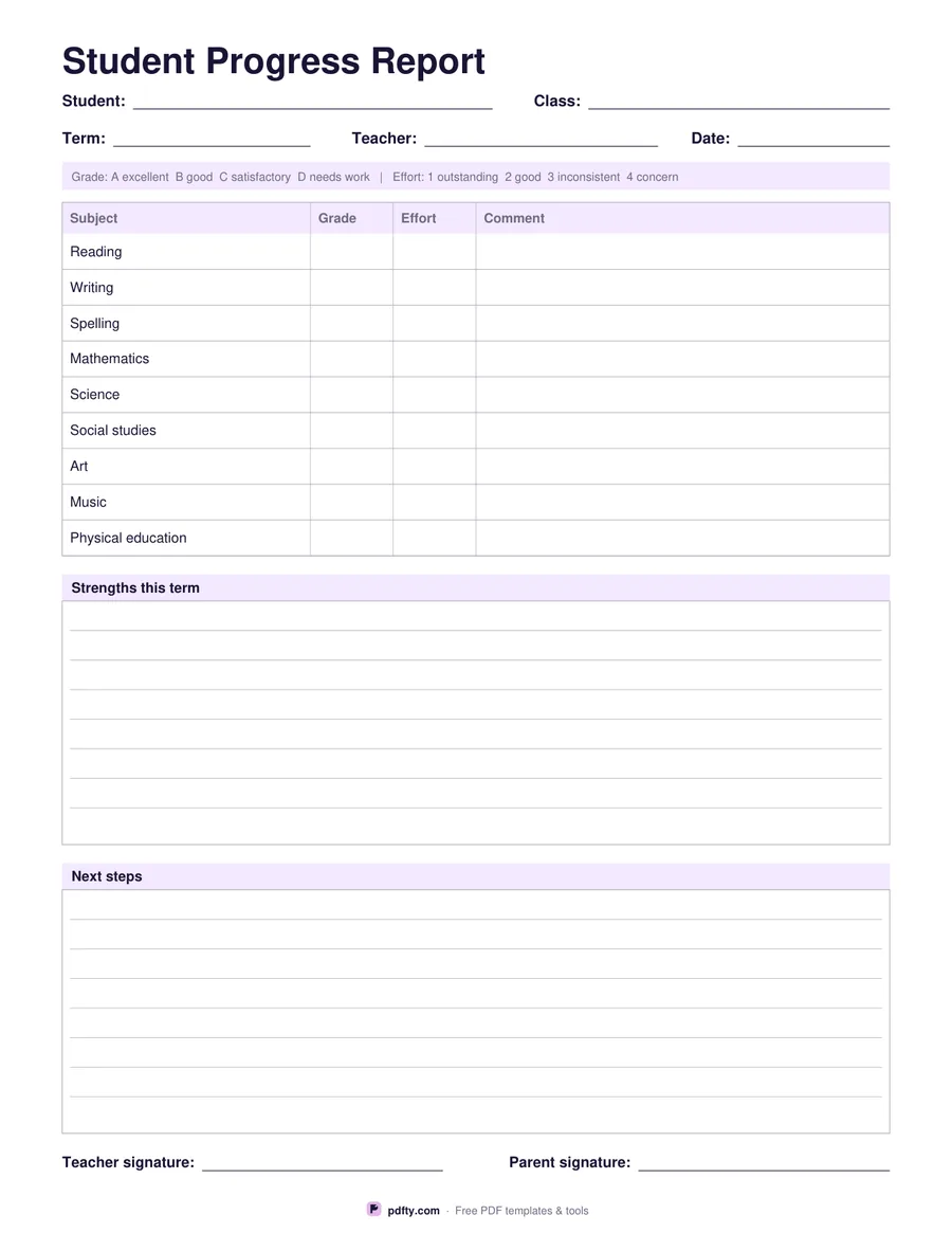Printable student progress report with subjects, grades and comments
