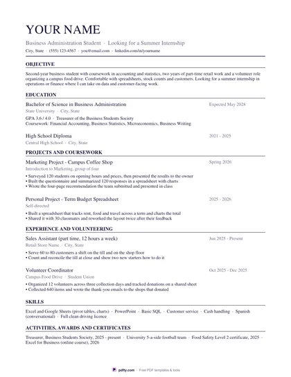 Printable student resume with education, projects and volunteering sections