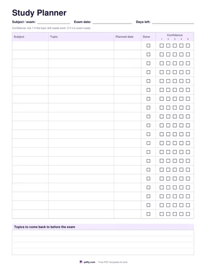 Printable study planner with twenty revision rows, planned dates, done boxes and confidence ratings