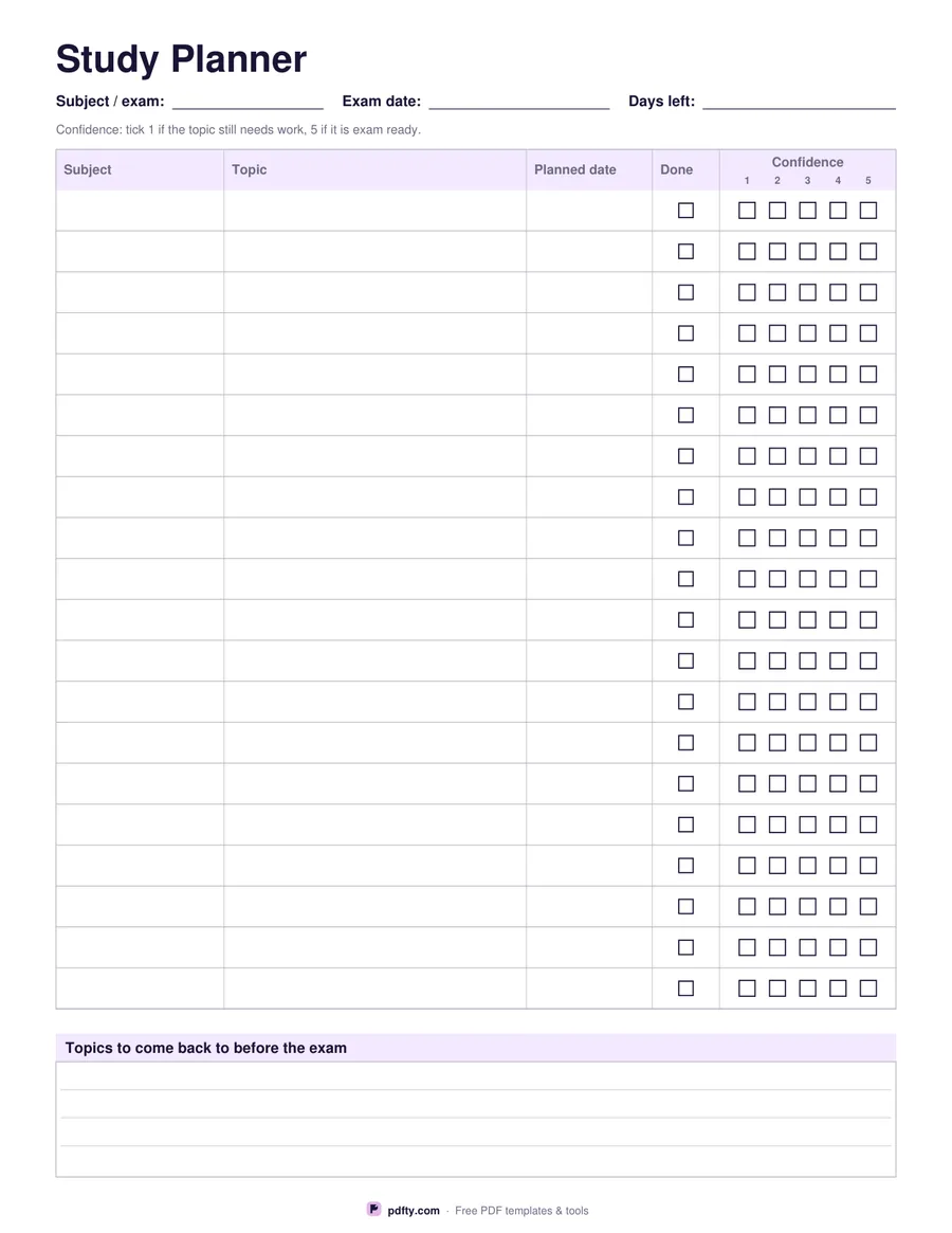 Printable study planner with twenty revision rows, planned dates, done boxes and confidence ratings