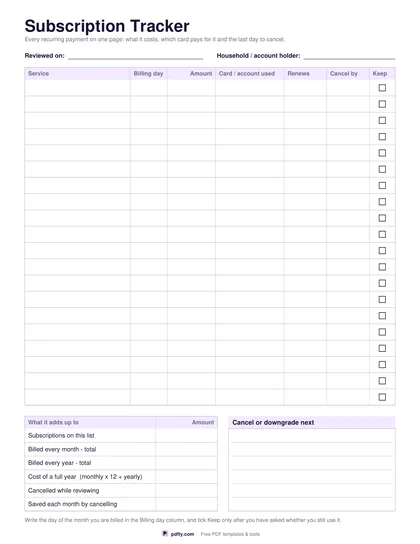 Printable subscription tracker with service, billing day, amount, card, renewal and cancel-by columns