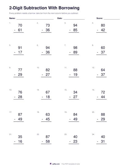 Printable subtraction worksheet with 24 two-digit column problems